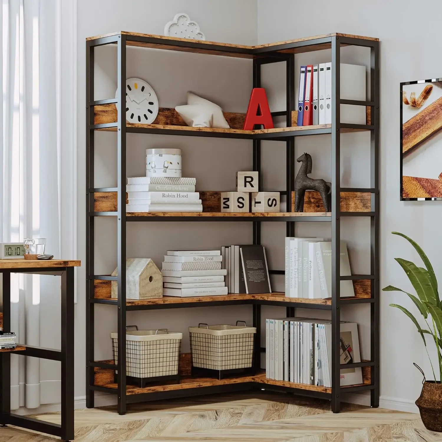 Industrial Bookshelves 5 Tiers Corner Bookcases with Baffles Shelf Storage Rack with Metal Frame for Living Room