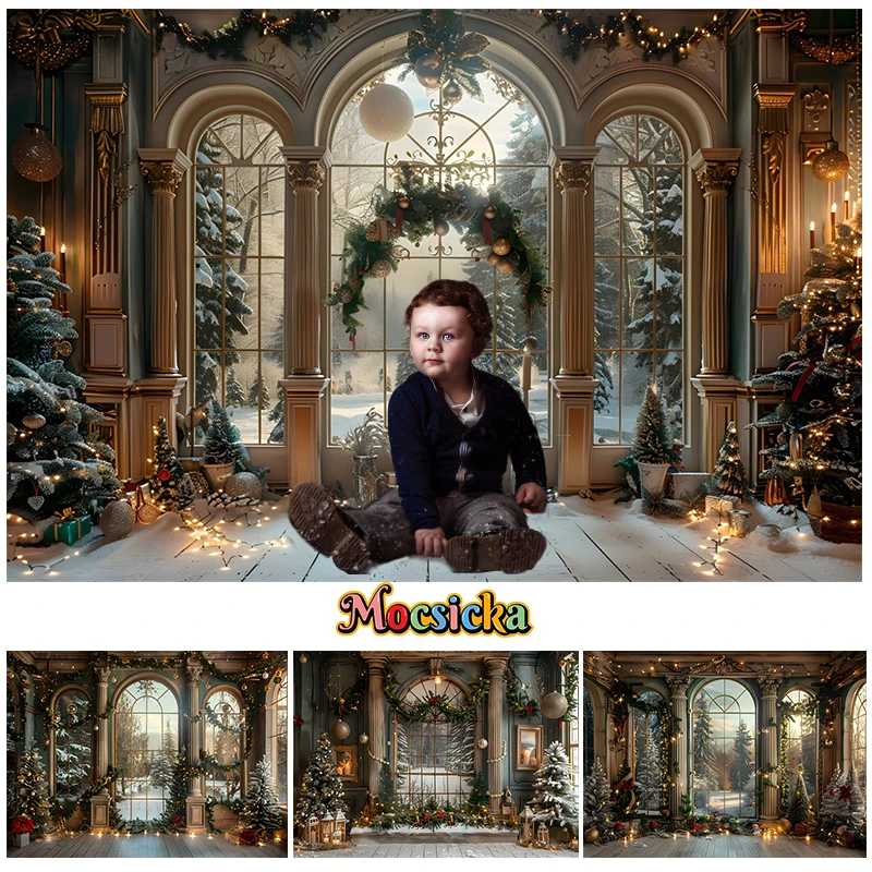 Mocsicka Indoor Christmas Window Background Photography Xmas Tree Vintage Palace Decor Kids Adult Portrait Photo Backdrop Studio