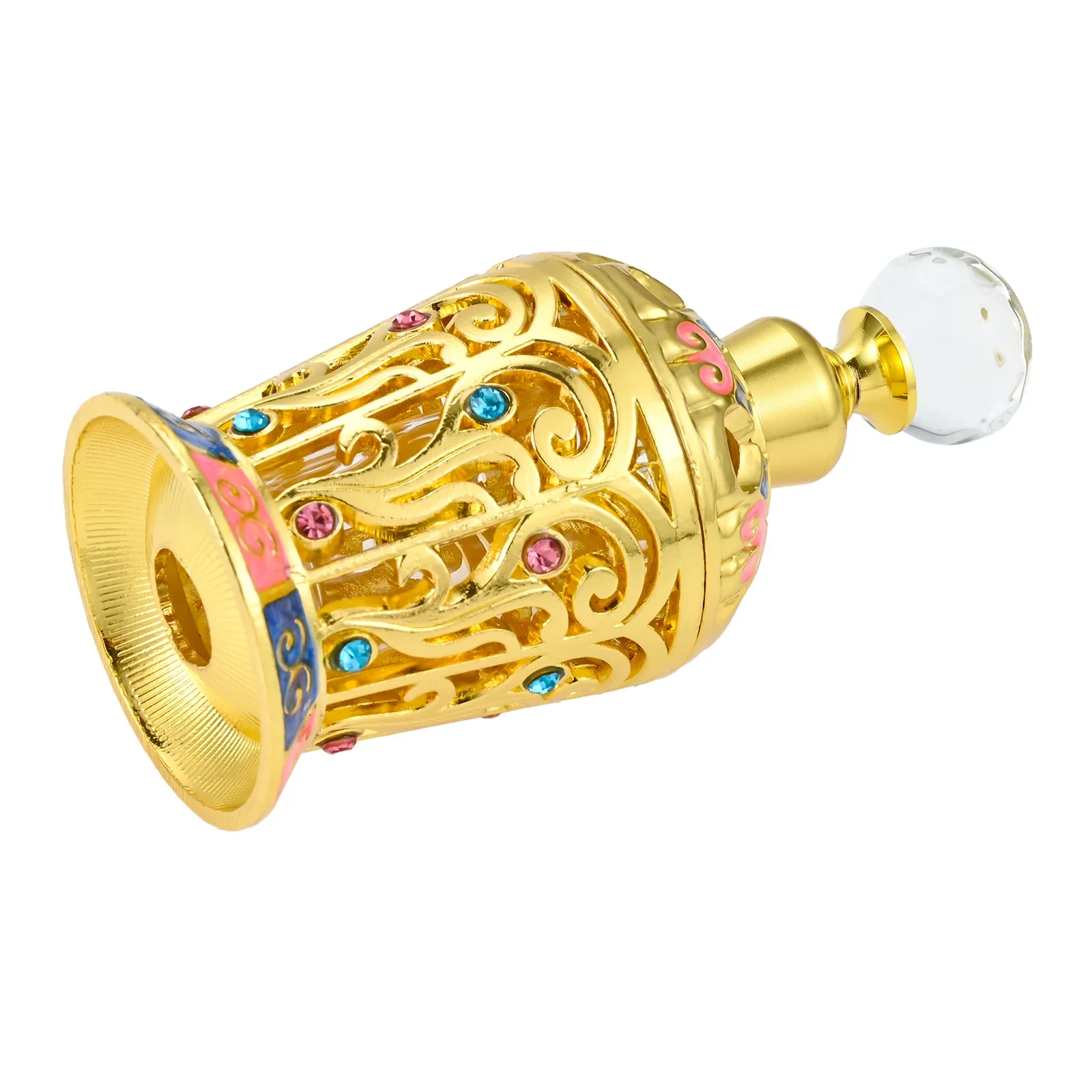 12ml Empty Perfume Bottle Golden Hollow Enamel Flower Glass & Metal & Crystal Decor SPA Refilling Lotion Essential Oil 93mm/3.7