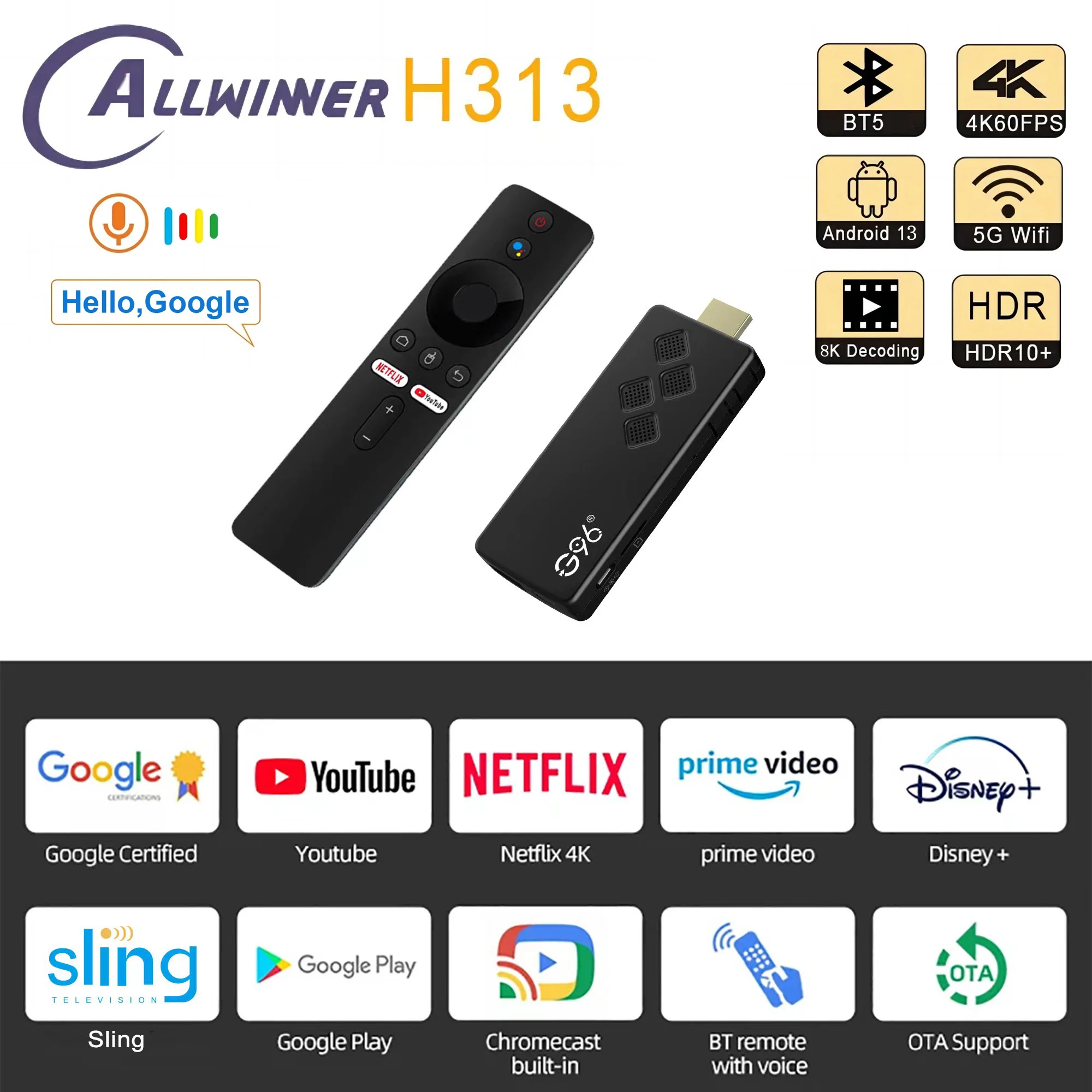 Android13 Smart TV Stick Netflix IATV Youtube Streaming Media player 4K HDR10+ Google Assistant Dual 2.4G5GWifi MultiLanguage Q2