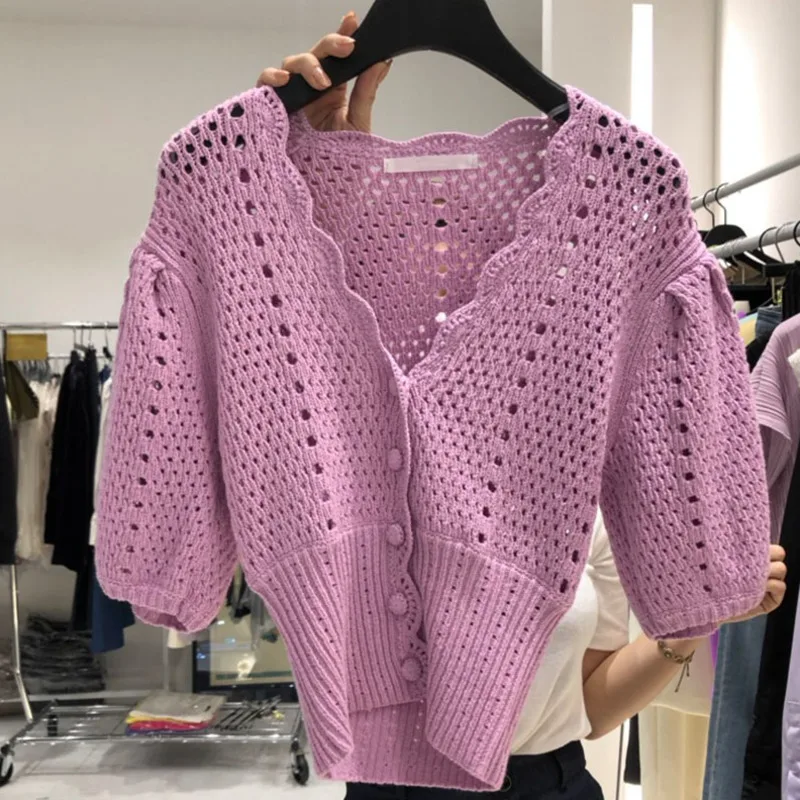 Puff Sleeve Hollow Crochet Flower Cardigan Women's Elegant V-neck Slim Knitted Crop Top 2023 Summer Casual Knit Sweater Sweater