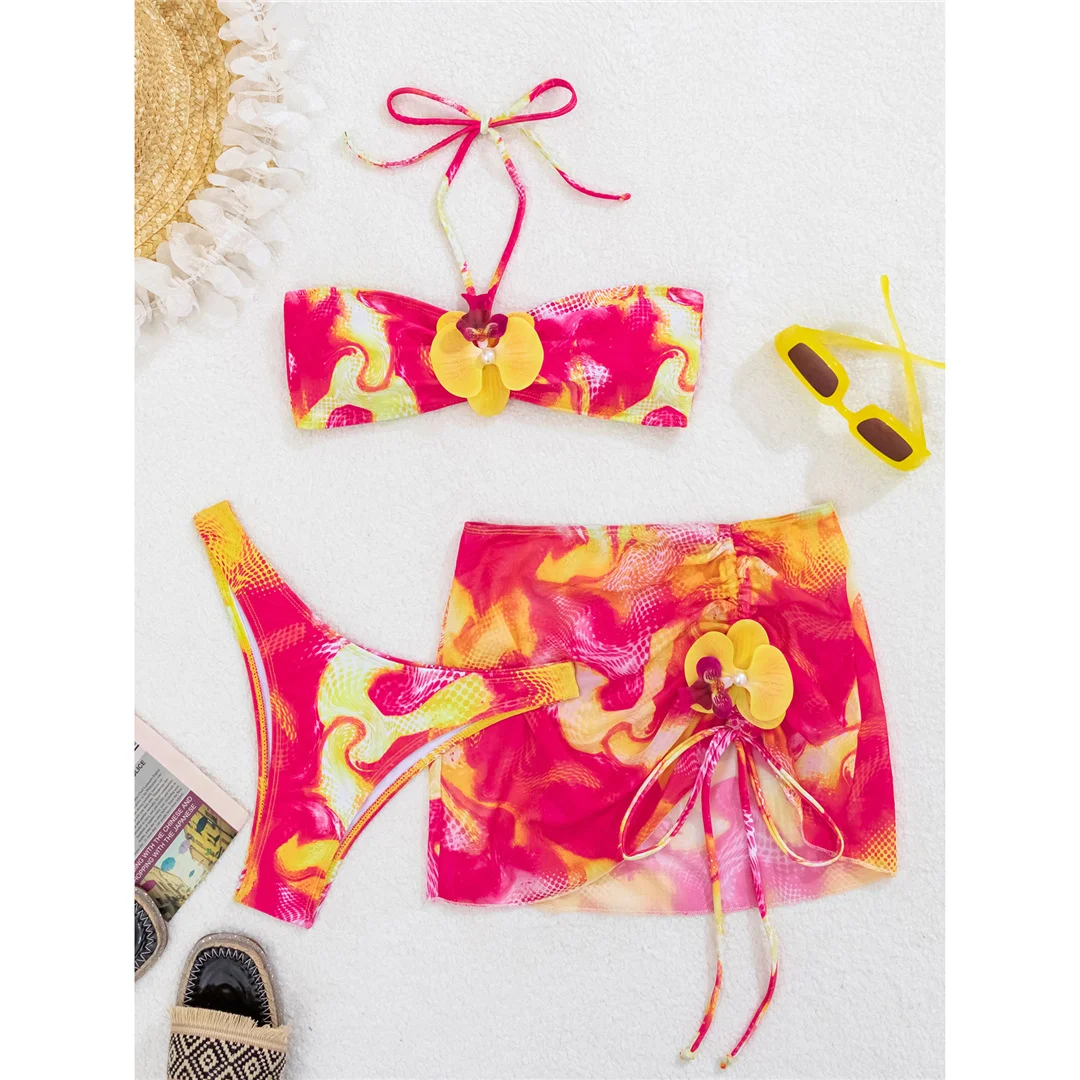 Mit Rock, 3D-Blumen, Neckholder-Bikini, Damen-Badeanzug, dreiteiliges Bikini-Set, Damen-Bademode, gepolsterter Badeanzug, Badebekleidung, Schwimmanzug V7598 – Detail 2