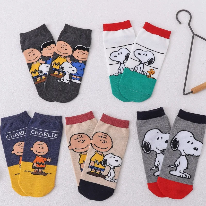 

5Pairs Snoopy Women Sock Four Seasons Cartoon Men Cotton Socks Sweat-Absorbent Non-Slip Spring Short Sock