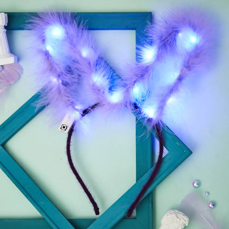 LED Glow Rabbit Bunny Feather Cat Ears 14 Lights Headband Light Up Headwear Party Props Girl Birthday Wedding Party Decoration