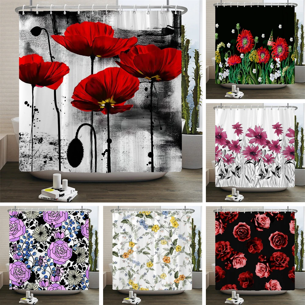 Elegant Floral Flowers Shower Curtain 180x180cm Shower Curtain Polyester Bath Curtain Bathroom Decor Machine Washable With Hooks