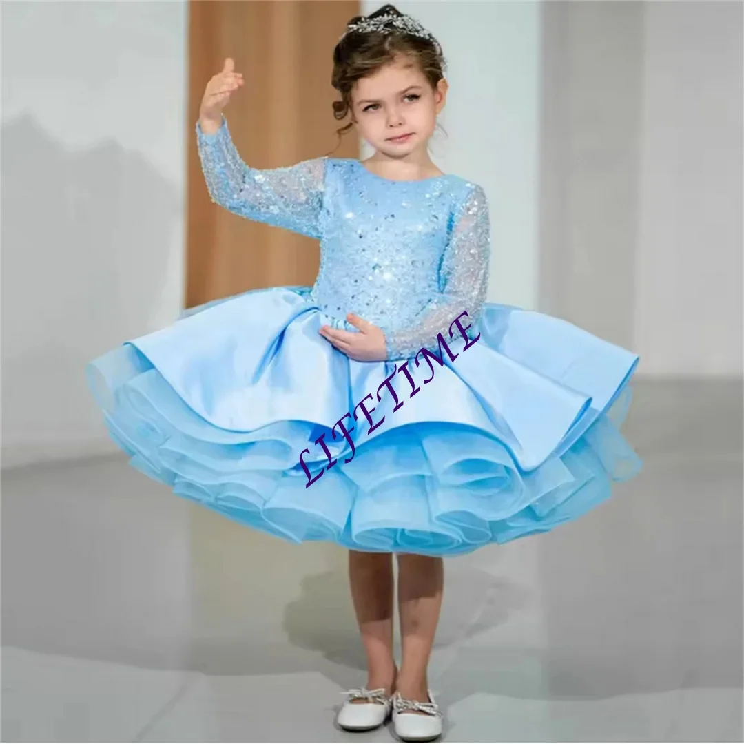 

Индивидуальное платье для девочки-цветочницы: желтое, атласное, с пайетками и бантом, с длинным рукавом, для свадьбы, дня рождения, банкета, конкурса красоты, причастия