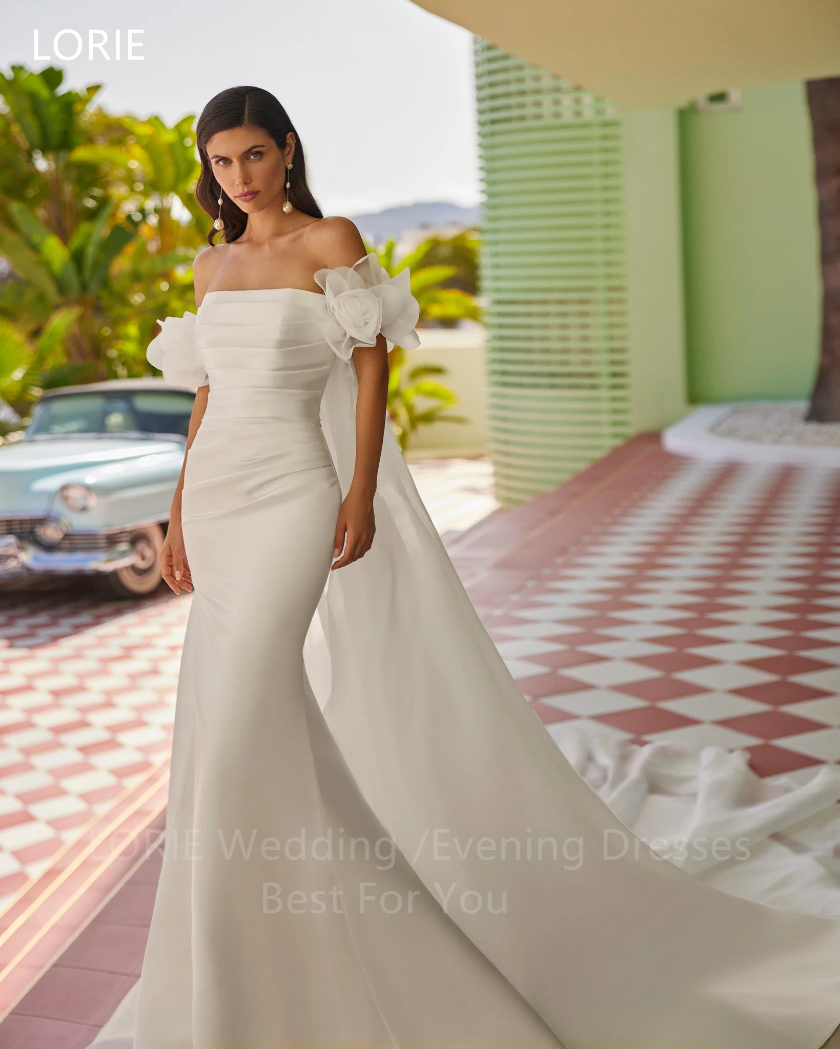 ชุดแต่งงาน LORIE Chic Stain แบบเกาะอกทรงเมอร์เมดประดับดอกไม้ ชุดราตรีเจ้าสาวแบบจีบยาวลากพื้น สามารถสั่งตัดได้