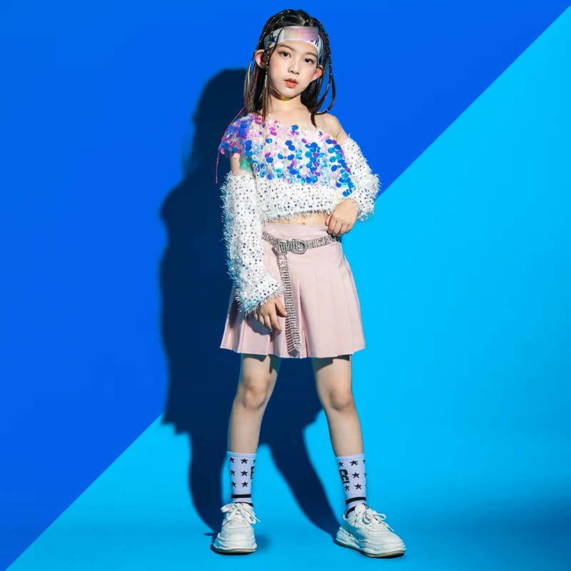 2025 เด็กหญิงแจ๊สเต้นรําเครื่องแต่งกายเลื่อมเสื้อกระโปรงกางเกง Hip Hop เสื้อผ้าคอนเสิร์ต Kpop สวมใส่ STAGE Performance ชุด BL14768