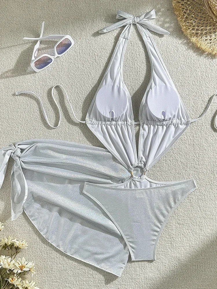 2025 New Summer Swimwear Bikinis Set Sexy Laced Up Hollow Out One Piece Swimsuit 2 Piece Set Women High Waist Solid Beach Bikini