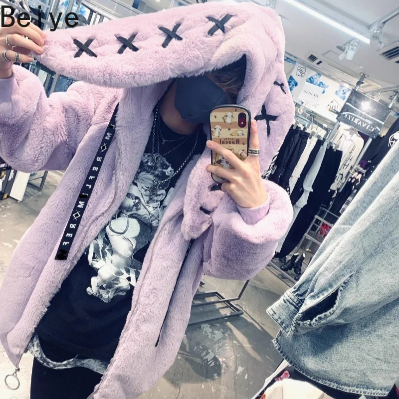 Winter New Japanese Harajuku Jackets for Ladies Street Rabbit Ears Fur Coat Women Dark Punk Long Sleeve Plush Outerwear Coat