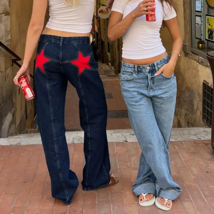 

American retro y2k contrasting color patchwork pentagram embroidery low waist wide leg jeans women jeans baggy jeans women