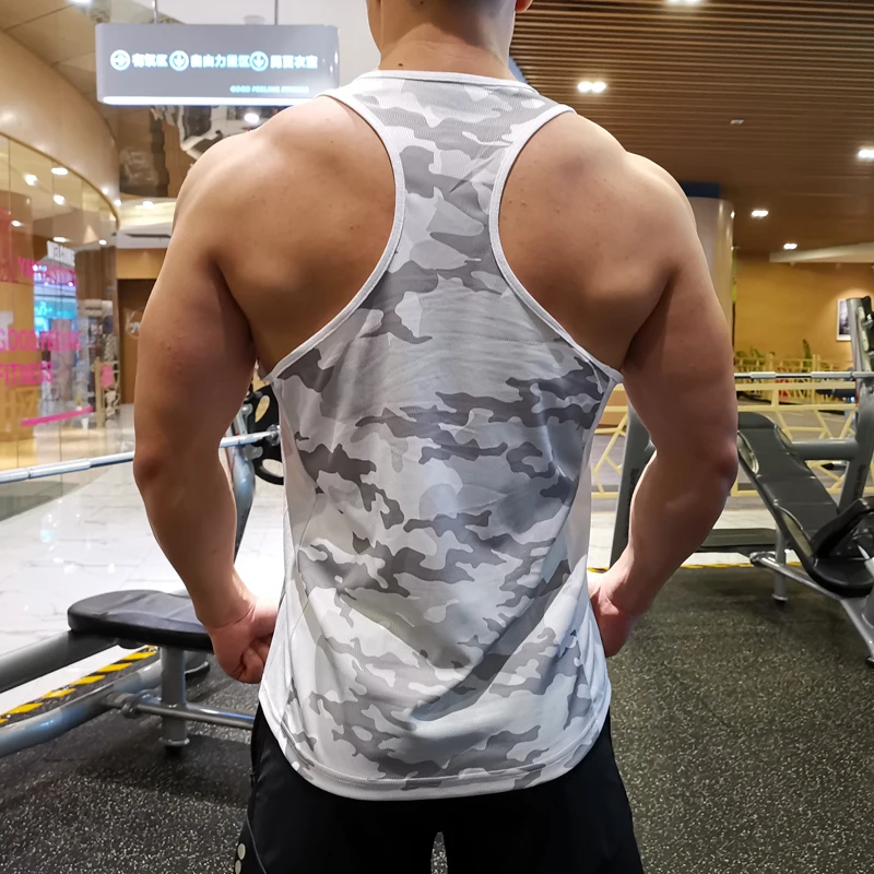 Men White Camouflage I-Shaped Vest Sleeveless Backless Loose Quick-drying Sports Fitness Clothes Training Muscle Shirt