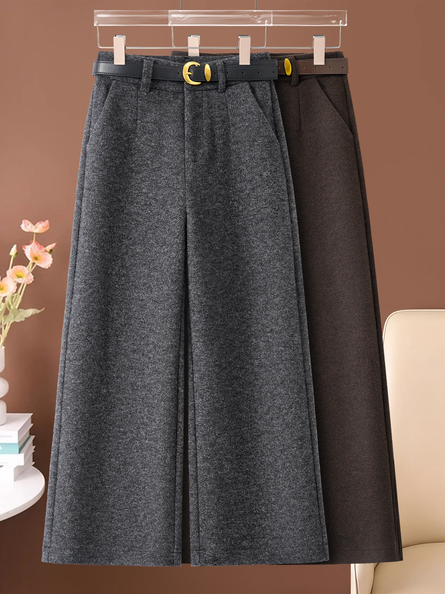 

High Waist Slim Fit Woolen Wide Leg Pants Women's Autumn Winter New Style Small Size Casual Straight Cut Suit Pants