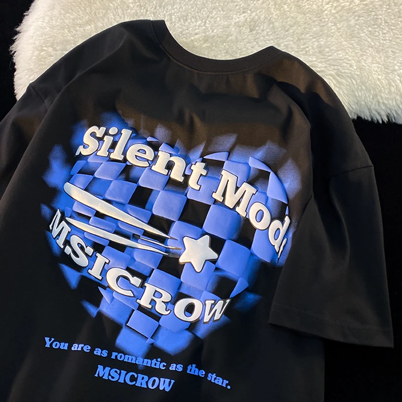Vintage Checkerboard  Foam Letter Print Love Heart Short Sleeve T-shirt Men Women Summer Loose Hiphop Y2k Top Ins Tees ...