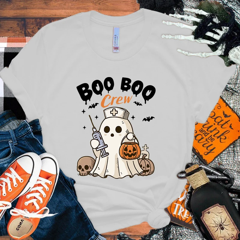 Halloween Boo Crew Letter Printed Women T-Shirts Halloween Boo Crew Short Sleeve Shirts Summer Round Neck Tee Shirt