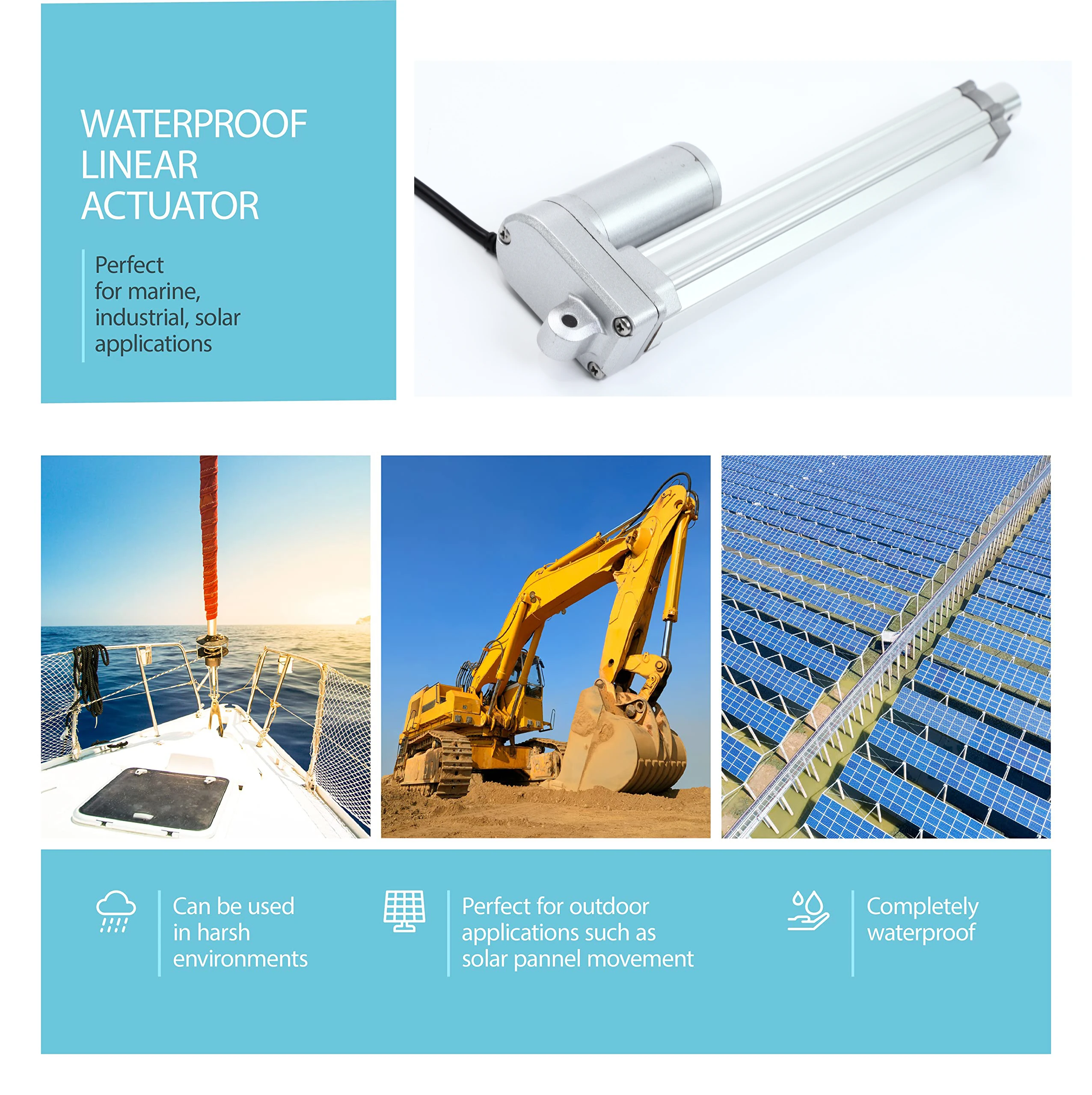 HAKIWO 24V IP65 Waterproof Linear Actuator 2000N 50mm 400mm 600mm 800mm 1000mm Stroke Solar Tracker Motorisation of Door 160mm/s