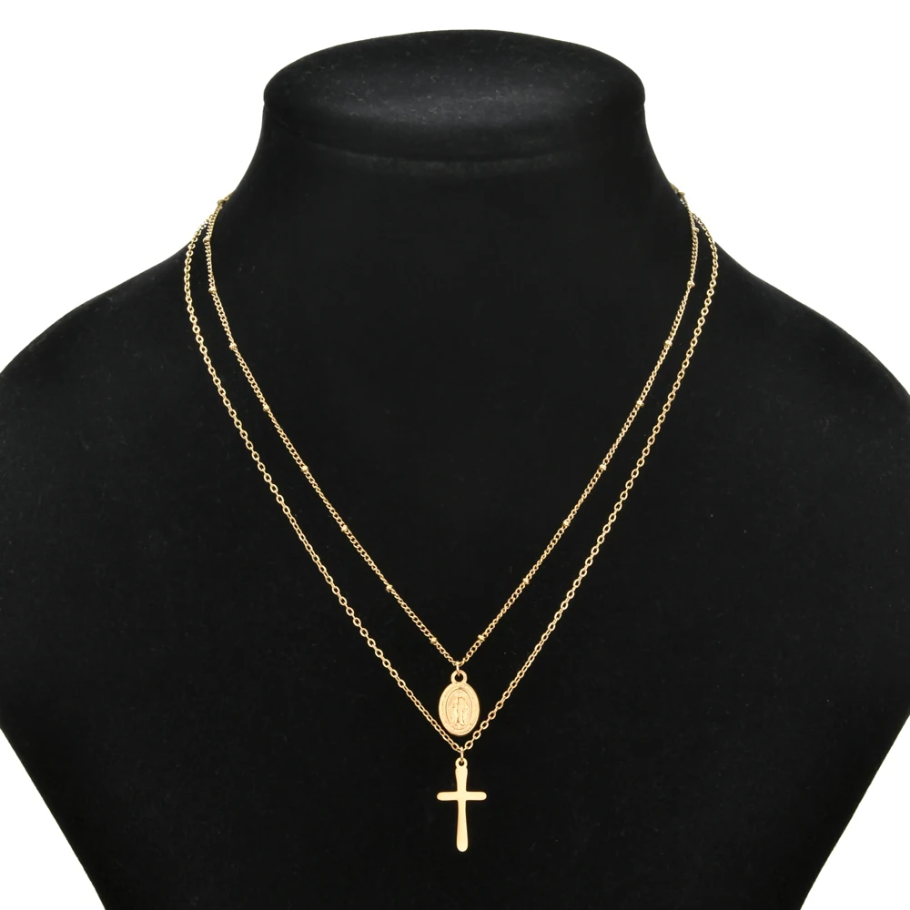 ZMZY 2PCS/Set Catholic Church Jesus Necklaces Stainless Steel Cross Choker Necklace For Women New Religious Christian Jewelry