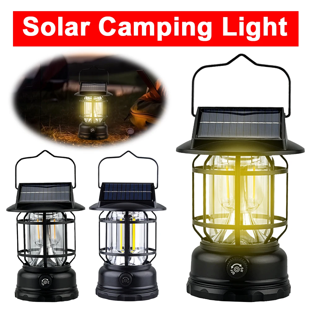 Solar Powered Outdoor Camping Lantern with Knob Vintage Camping Light Dimmable Handheld Camp Lamp for Hiking Emergency