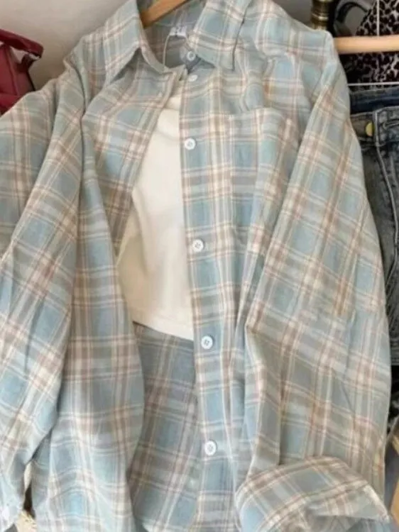 Csa de Manga Longa em Xadrez de Aodão 00% Puro Tamanho ande Fena Estilo Solto Moda Proteção Solar Estilo Artístico