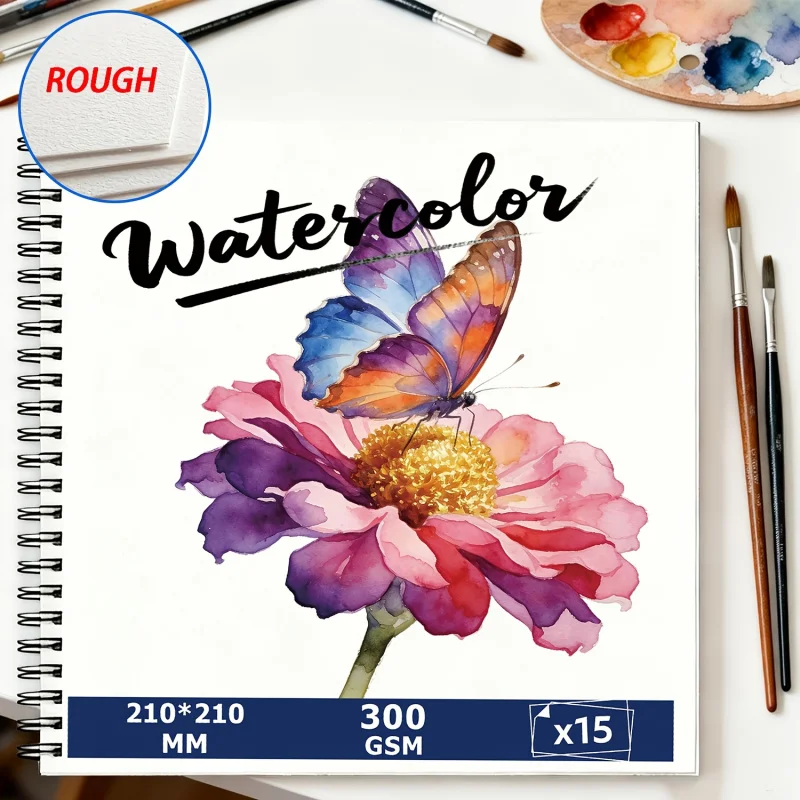 21x21CM Spiral-Bound Watercolor Pad, 15 Pages, 300gsm Heavyweight Paper, Butterfly-Patterned Cover for Artists