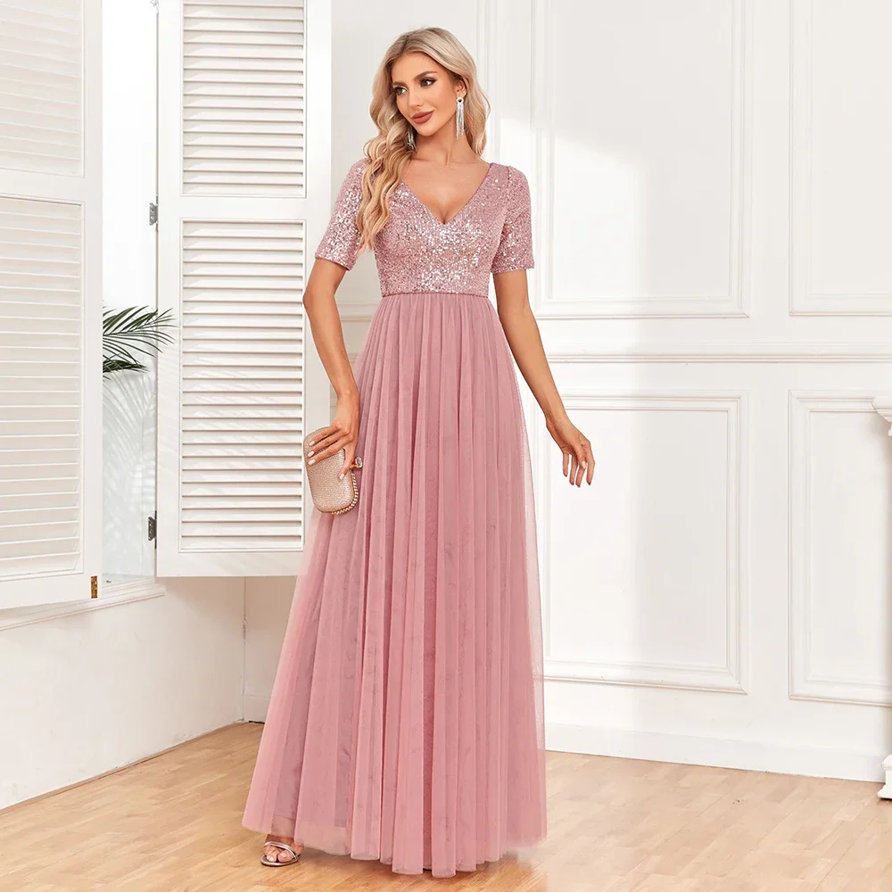 Women Elegant V-neck A-Line Tulle Evening Dress Floor Length Formal Prom Party Gown Sequins Short Sleeves Birthday Dress