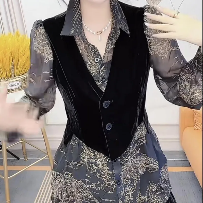 Deux pièces mode Vintage Patchwork Blouses tout-match chemise femmes 2025 chemises et chemisiers à manches longues Blusas De Mujer
