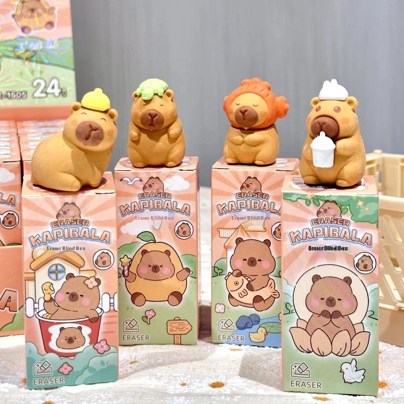 Capibala 24Pcs Eraser Blind Box Cartoon Set Cute Capybara Multi Shape Pencil Eraser Students Learn Teacher Stationery Prizes
