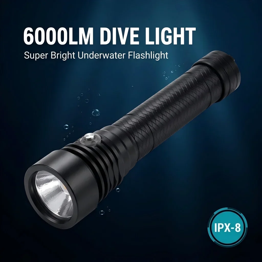 

Scuba Diving LED Flashlight 6000 Lumens Super Bright Underwater Dive Lanterns IP68 Waterproof Night Fishing 100M Dive Lamp Torch
