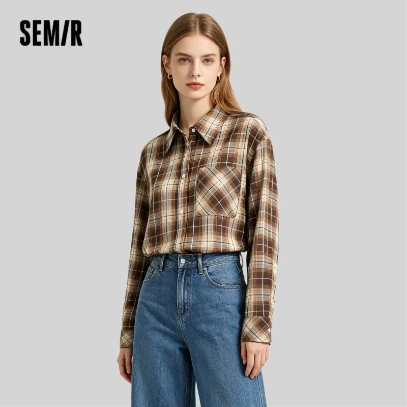 Semir Long Sleeve Shirt Women Oversized Drop Shoulder Plaid Shirt Autumn Chic Loose Retro Casual Stylish Top