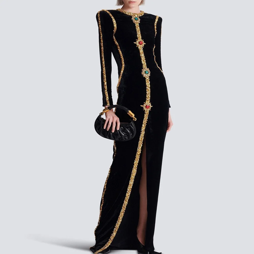 

2026 Summer Women's Evening Gown — Gold Velvet, Diamond Accents, Elegant Maxi Dress | Y2K-Inspired New Party Bodycon Dress bra