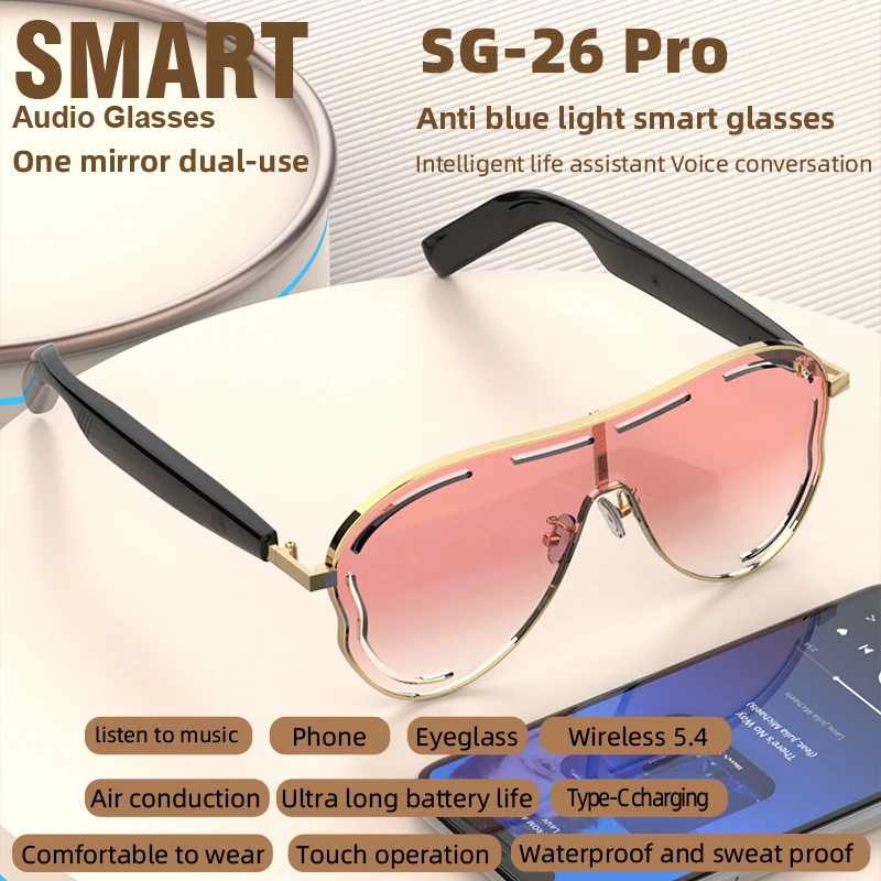 SG26 Pro Kacamata Hitam Bluetooth Pintar dengan Lensa Gradien, Kacamata Audio Nirkabel Bingkai Logam Fashion Wanita untuk Perjalanan Luar Ruangan