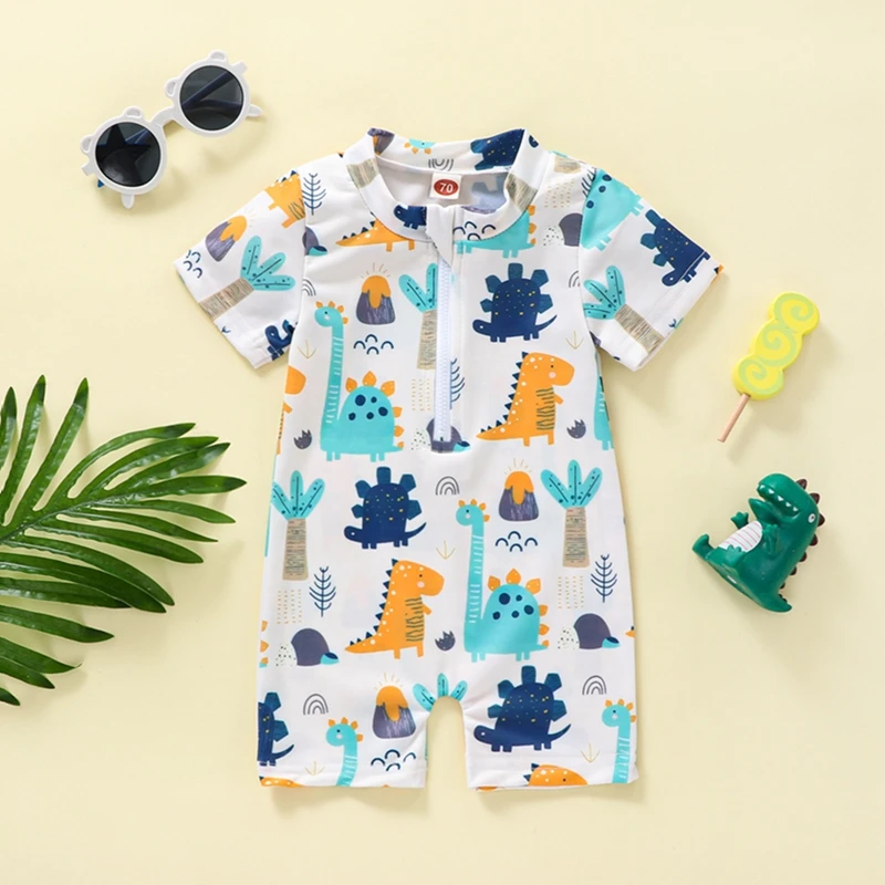 Tregren 0-4Years Kids Boys Summer Swimsuit Cartoon Dinosaur Printed Short Sleeve Zipper Swimwear Jumpsuit Beach Bathing Suits