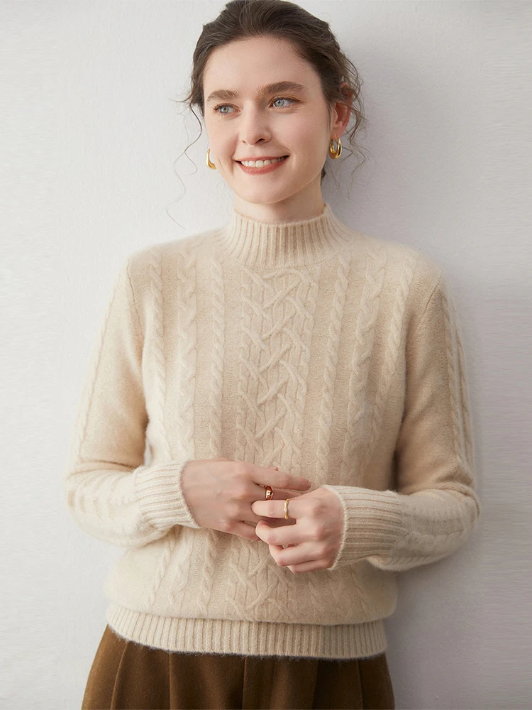 Damski sweter z golfem, dzianinowy, z wzorem kablowym, wykonany w 100% z kaszmiru, ciepły, miękki, na jesień i zimę, prosty, wygodny, odzież, topy.