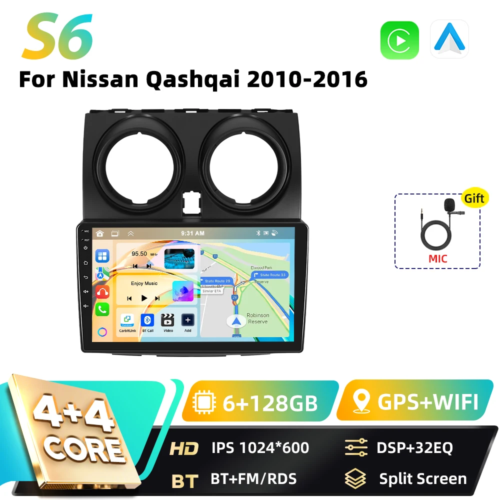 Podofo 8+128G Carplay 2DIN Android Auto Multimedia Speler voor Nissan Qashqai 2006 2007-2016 Intelligente Systemen GPS WIFI FM RDS
