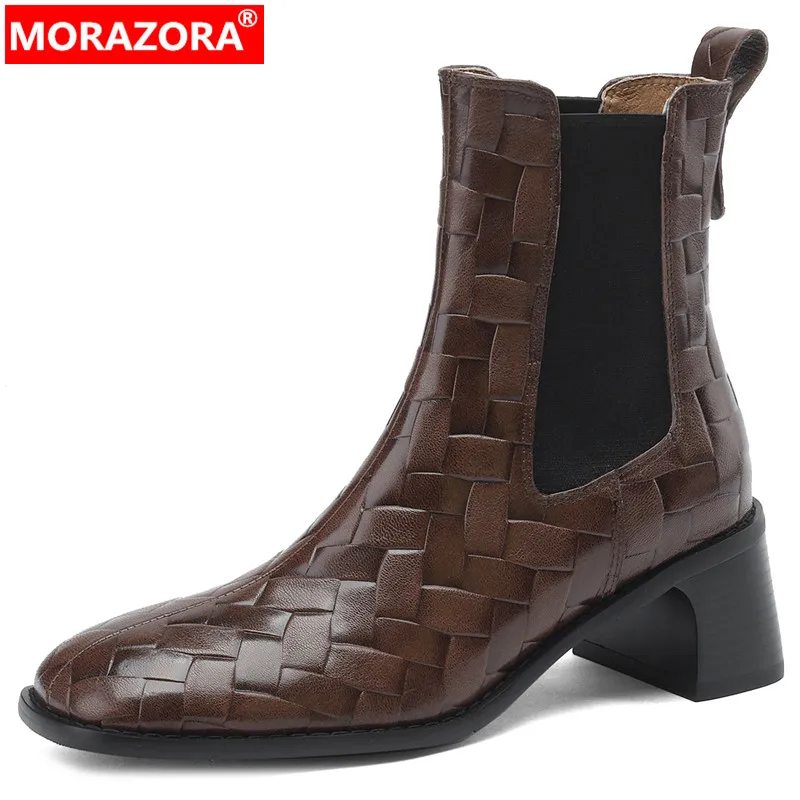 

MORAZORA 2024 New Sheepskin Leather Slip On Chelsea Boots Female Weave Ankle Boots Square Med Heels Autumn Boots