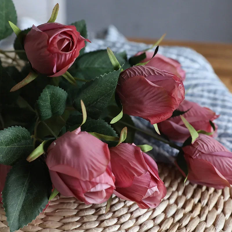 Green Aloes Artificial Flowers Silk Retro Roses Fake Flower Simulation Coffee Color 9-heads Rose Bud Bouquet Garden Decoration