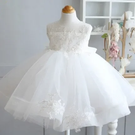 Baby Dress Girls 1 year Birthday Infants Lace Tulle Beaded Princess Dress big Bow Baptism Gown New Born 1 Year