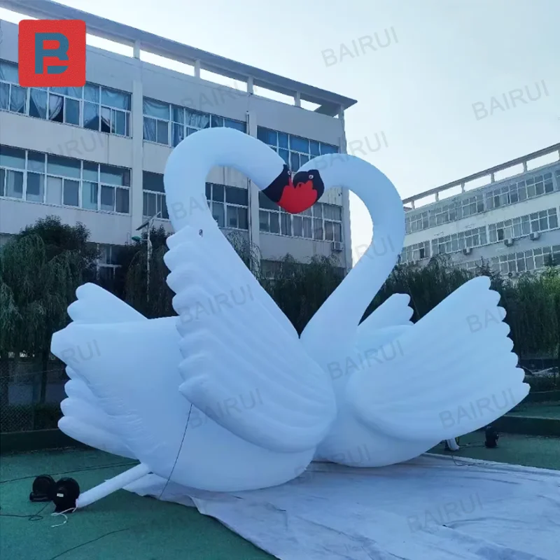 Romantic valentine inflatable swans couple goose outdoor realistic animal model white led light night park decoration