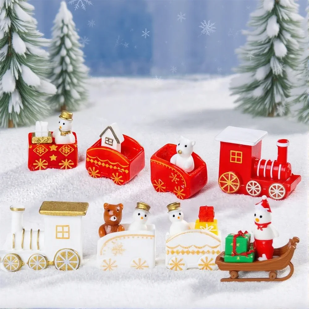 New DIY Small Train Set Christmas Snowman Ornament Resin Miniature Ornaments Tabletop Decor Miniature Train Set Resin Crafts