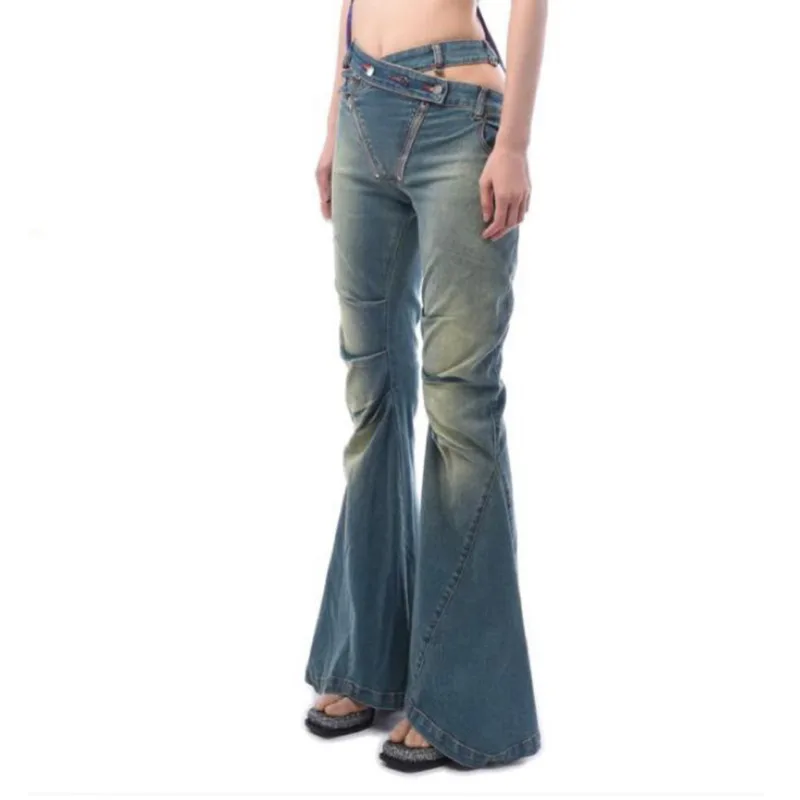 ANJY Herfst Nieuwe Vrouwen Chic Flared Jeans Slim Fit Hollow Out Geplooide Hoge Taille Streetwear Trendy Verontruste Denim Broek A10069