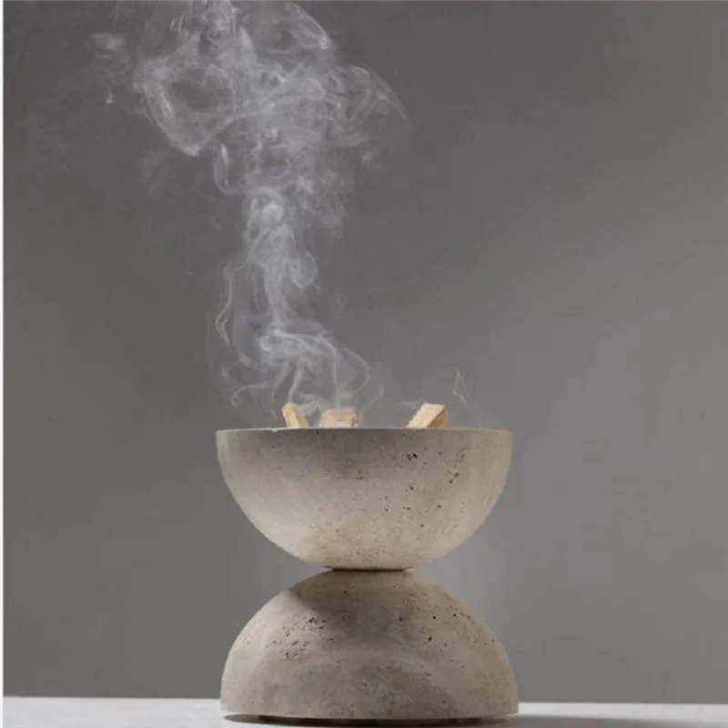 AB45 Beige Travertine Sphere Incense Burner Natural Marble Stone Home Decoration, Religious Round Ornament