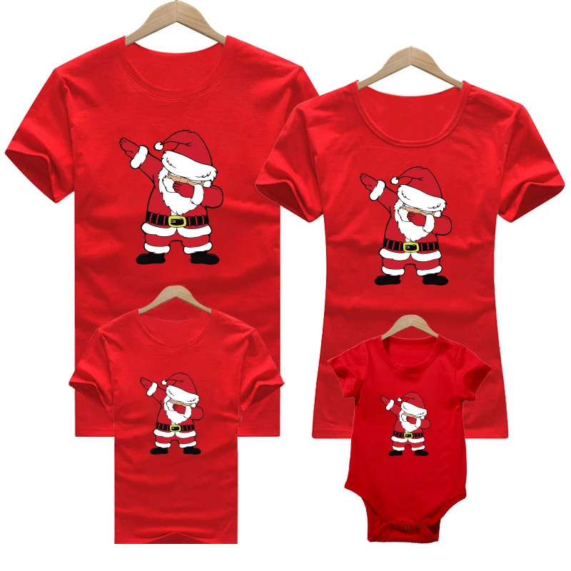 2023 Family Clothing Set Christmas Matching Clothes Mother Daughter Short Sleeve T-Shirts Red Christmas Santa Mother Kids Tops