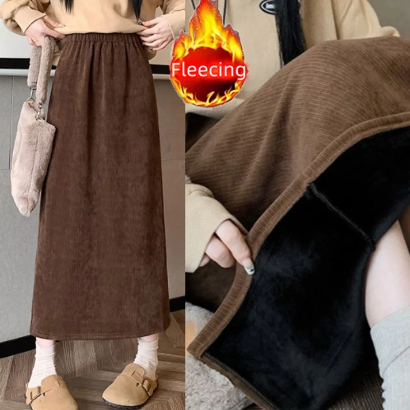 Casual New In Women's Skirt Back Slit Elegant Retro Spring Thick Fleece Office Lady's Matching Skirt Vintage Warm Trend Skirt