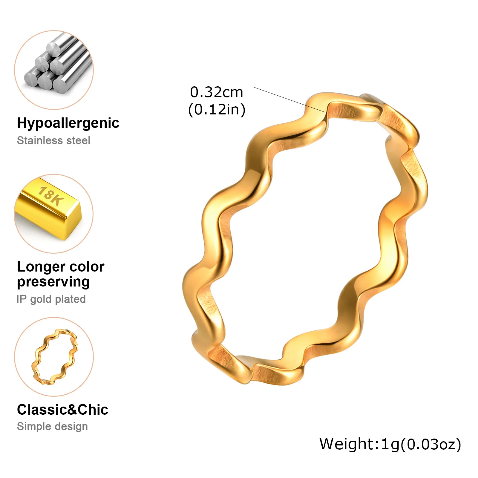 Vnox Simple 3.2mm Wave Shaped Women Rings, Gold Color Stainless Steel Chic Finger Band, Stackable Ring Jewelry