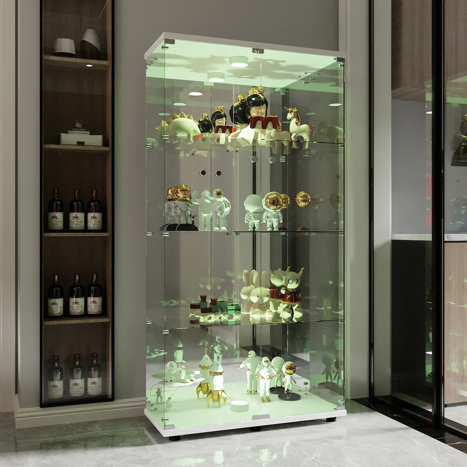 Vitrine en verre LED Fangange, vitrine sur pied à 4 niveaux, vitrine pour salon, chambre à coucher, entrée, blanc/noir