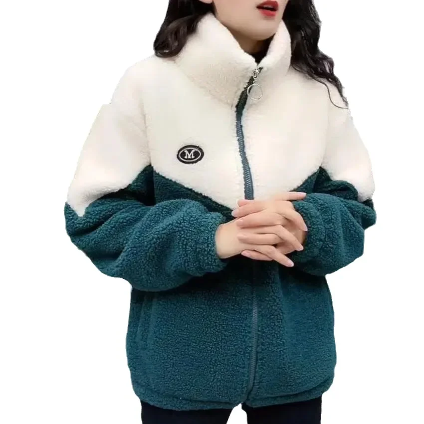 Women Jacket Stand Collar Zipper Lamb Fleece Long Sleeve Mid Length Colored Overcoat Thickening Warm Topcoat  Autumn Winter