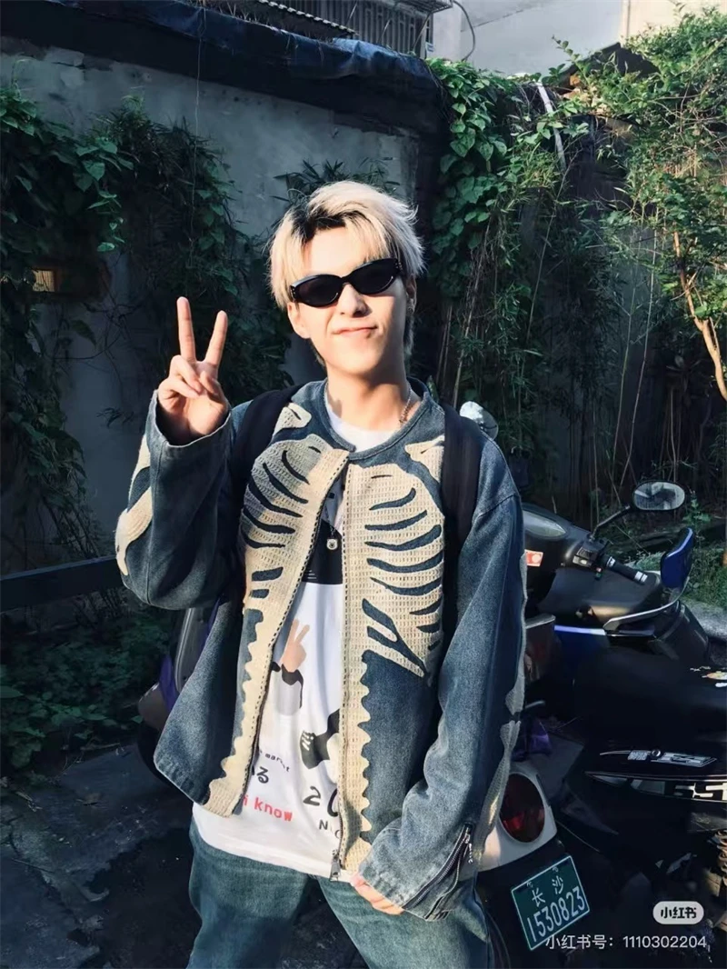 

Осень/зима винтажное джинсовое сверхмощное свободное повседневное уличное пальто с вышивкой костей японская уличная модная мужская молния