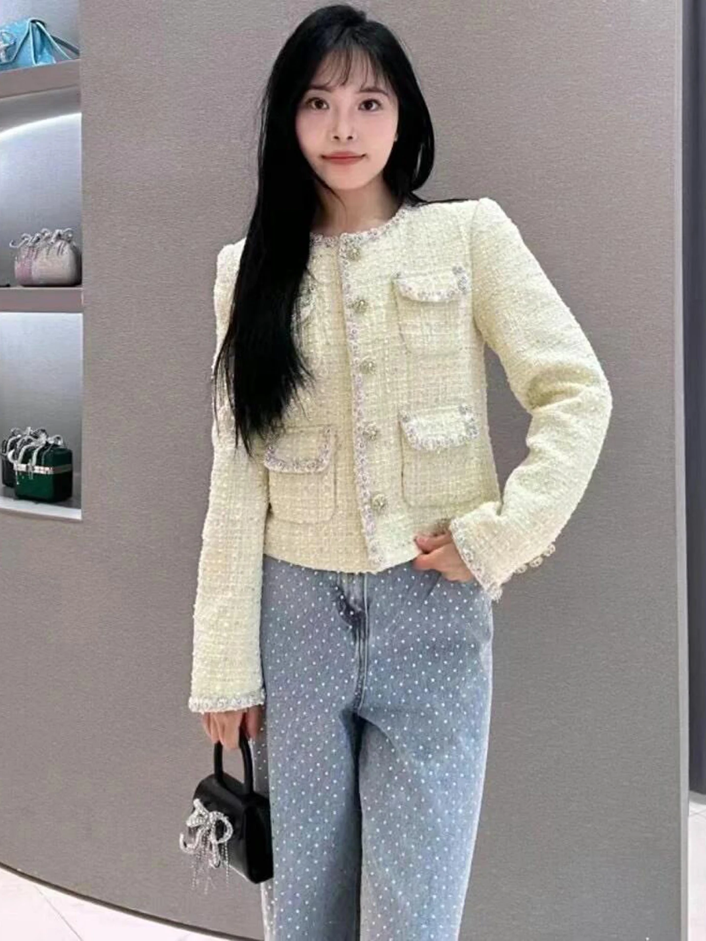 Haut de gamme hiver femmes diamant embelli Tweed ouvert Cardigan manteau Ele trajet Sle ort vêtements d'extérieur pour dames