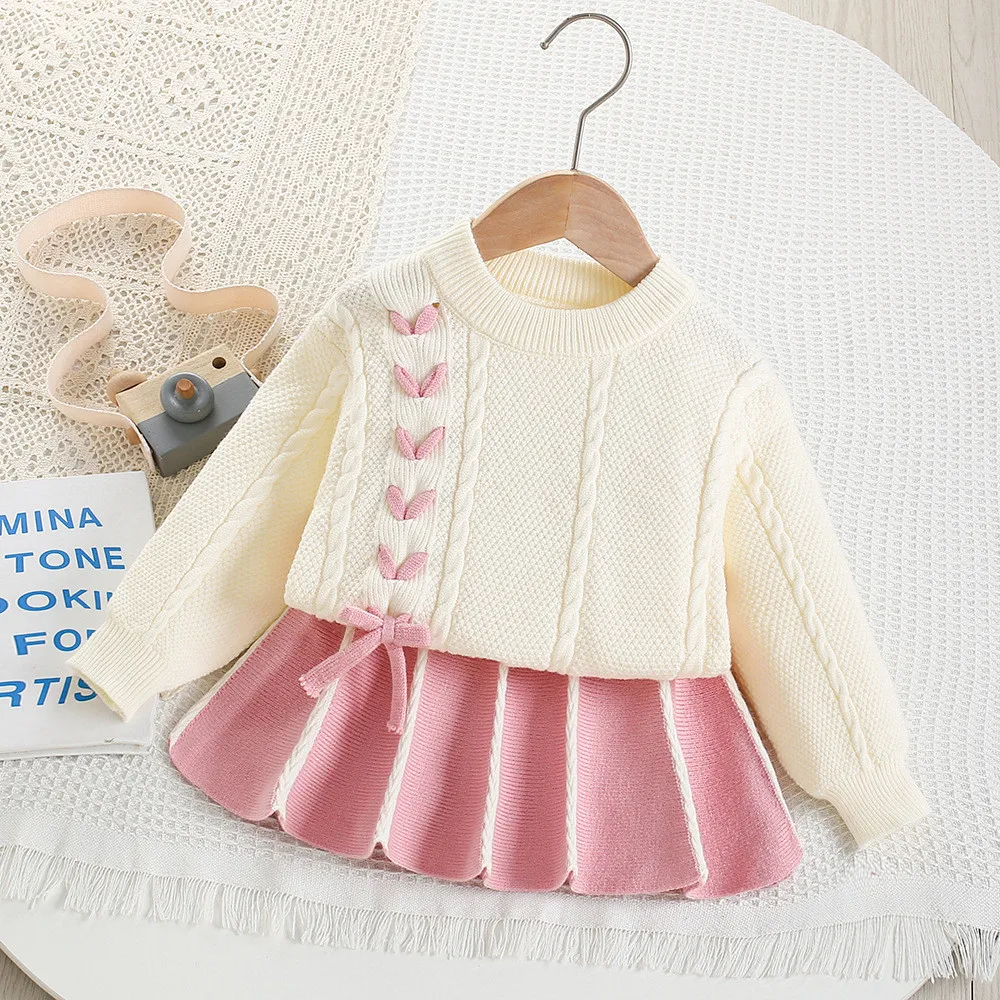 

Осенне-зимний вязаный свитер, детский комплект, бежевый топ с длинными рукавами и завязками + короткая юбка, милая и милая одежда для маленьких девочек