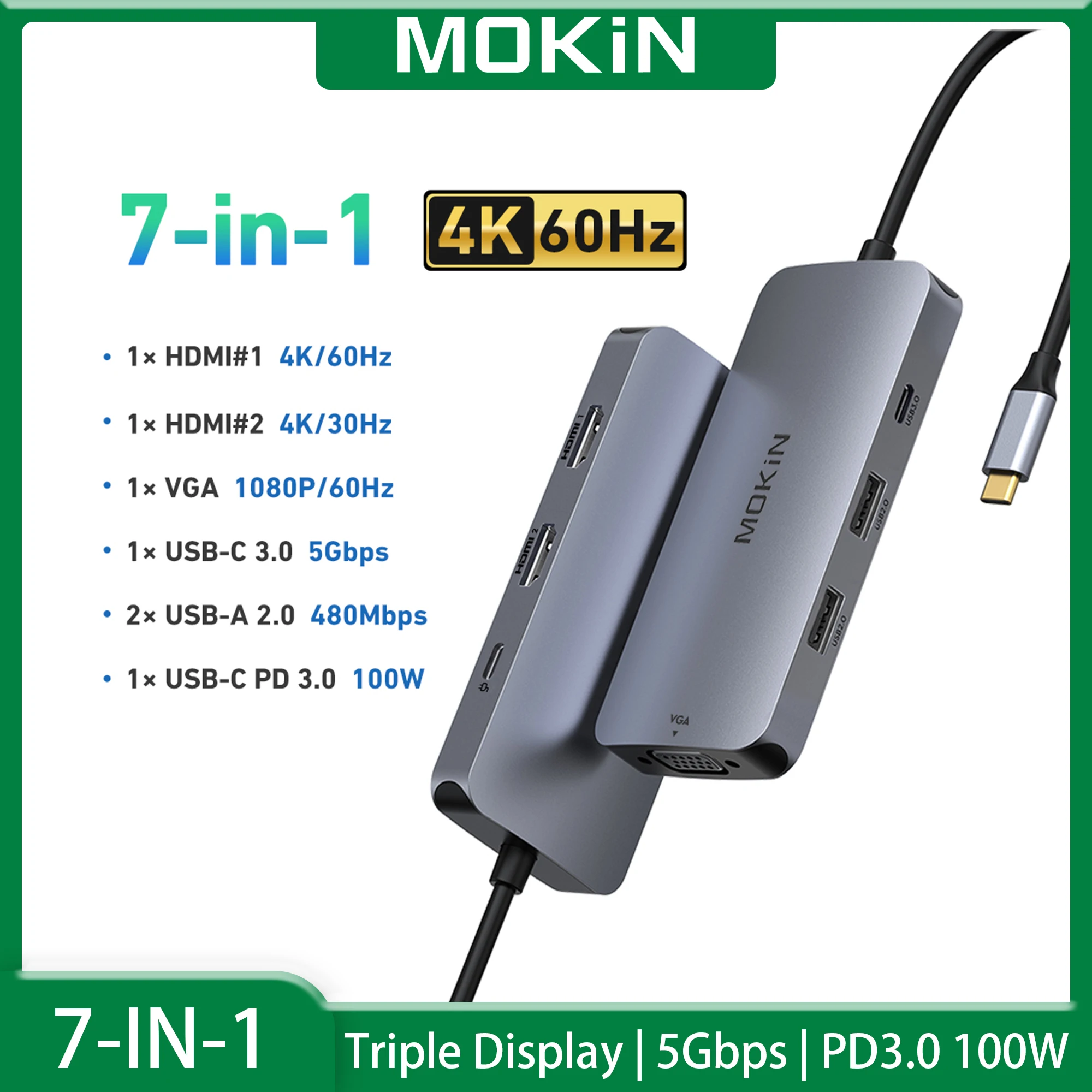 

MOKiN USB Hubs Multi Port USB C Hub Adapter USB-C Hub to Dual 4K HDMI 5Gbps USB-C 3.0 PD 100W for MacBook Windows PC Laptops